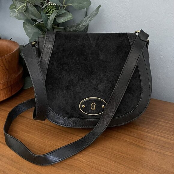 FOSSIL Vintage Re-Issue (VRI) Black Leather Calf Hair Crossbody Shoulder Bag